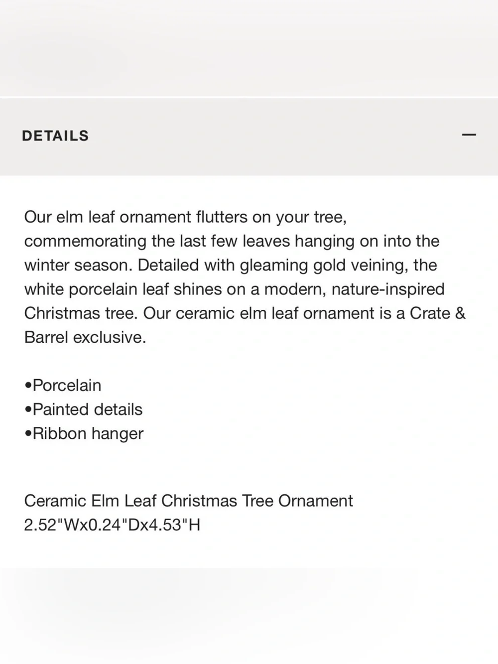 Crate and Barrel Ceramic Elm Leaf Christmas Ornament